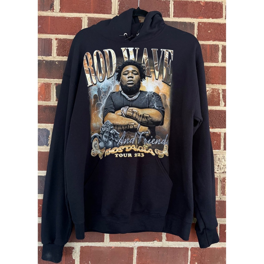 Rod Wave Nostalgia Tour 2023 Hoodie Mens L Black Concert Graphic Sweatshirt